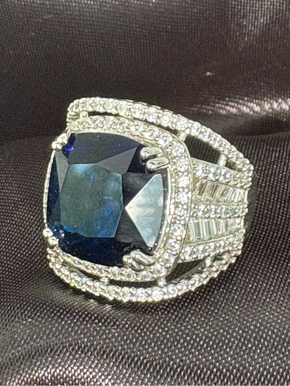 Blue Cushion-Cut Halo Cocktail Statement Fashion Ring